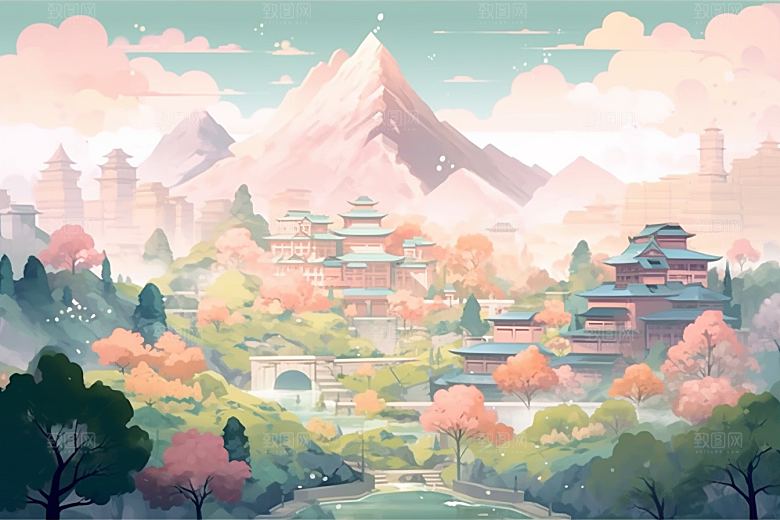 治愈风景春天风光插画