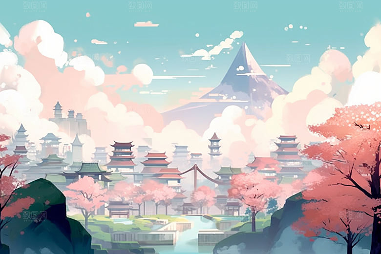 治愈风景风光春天插画