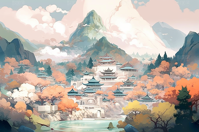 治愈风景春天山水插画