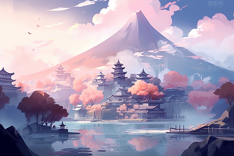 治愈风景唯美山水插画