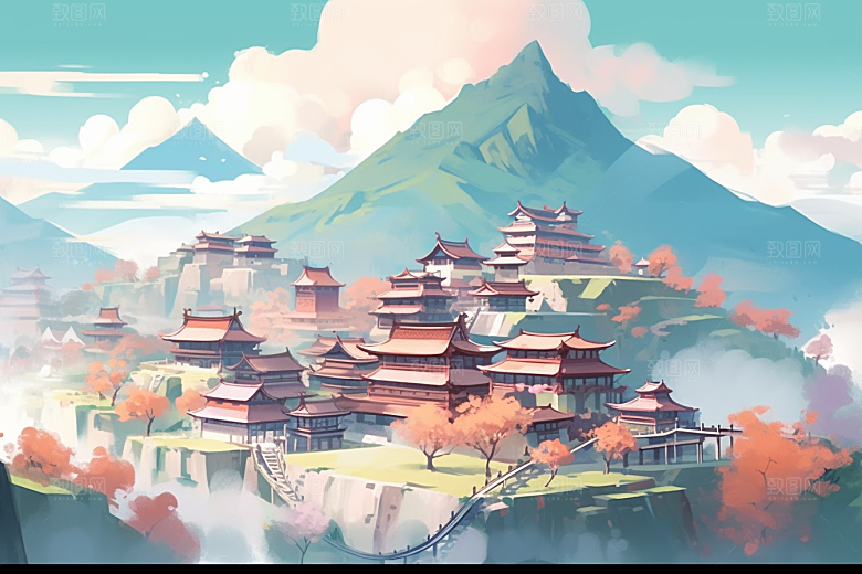 治愈风景山水风光插画