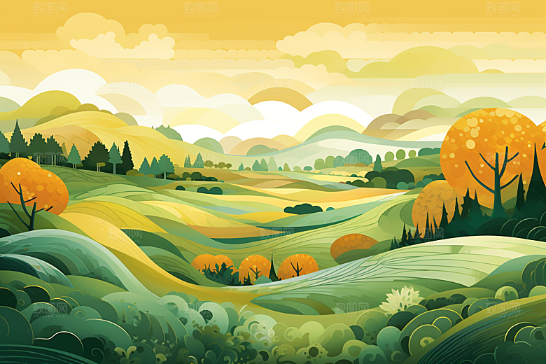 治愈风景山水唯美插画
