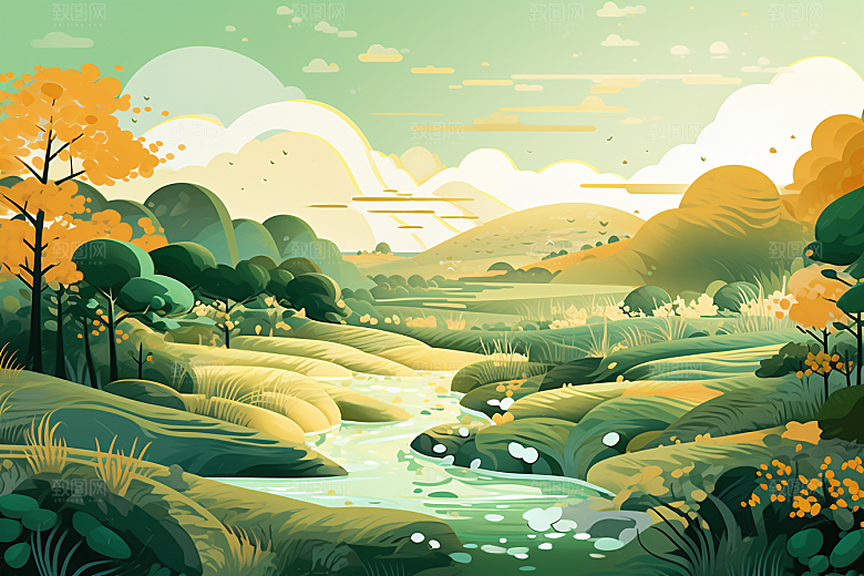 治愈风景自然风光插画