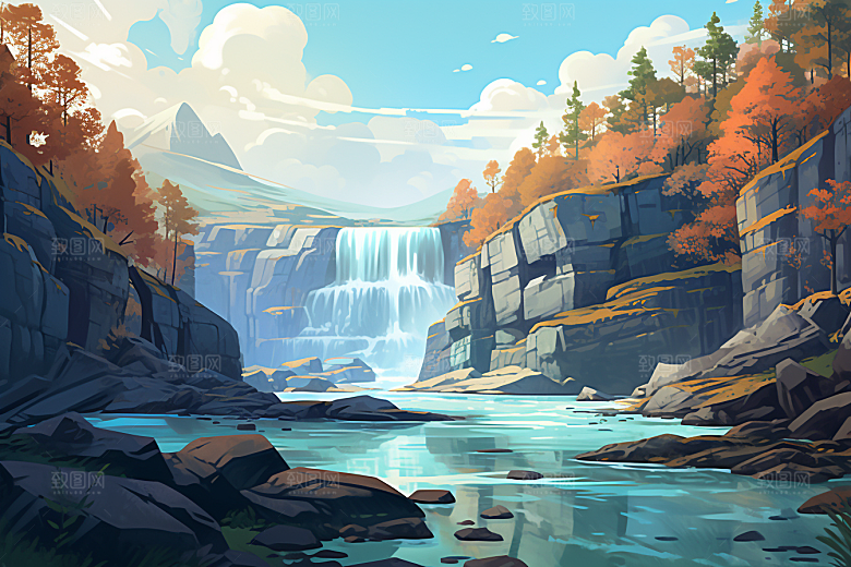 治愈风景山水春天插画