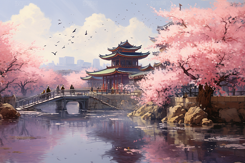治愈风景春天唯美插画