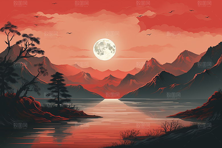 中国红山水国画红色插画