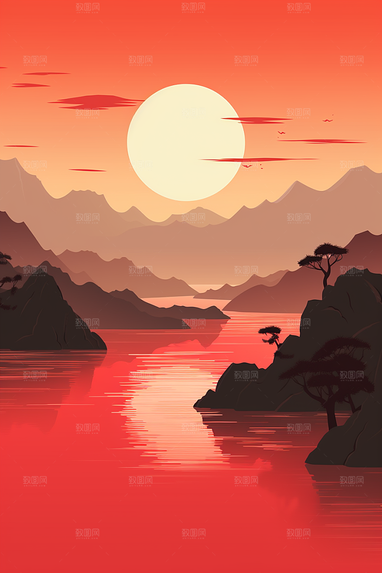 中国红山水红色新中式插画