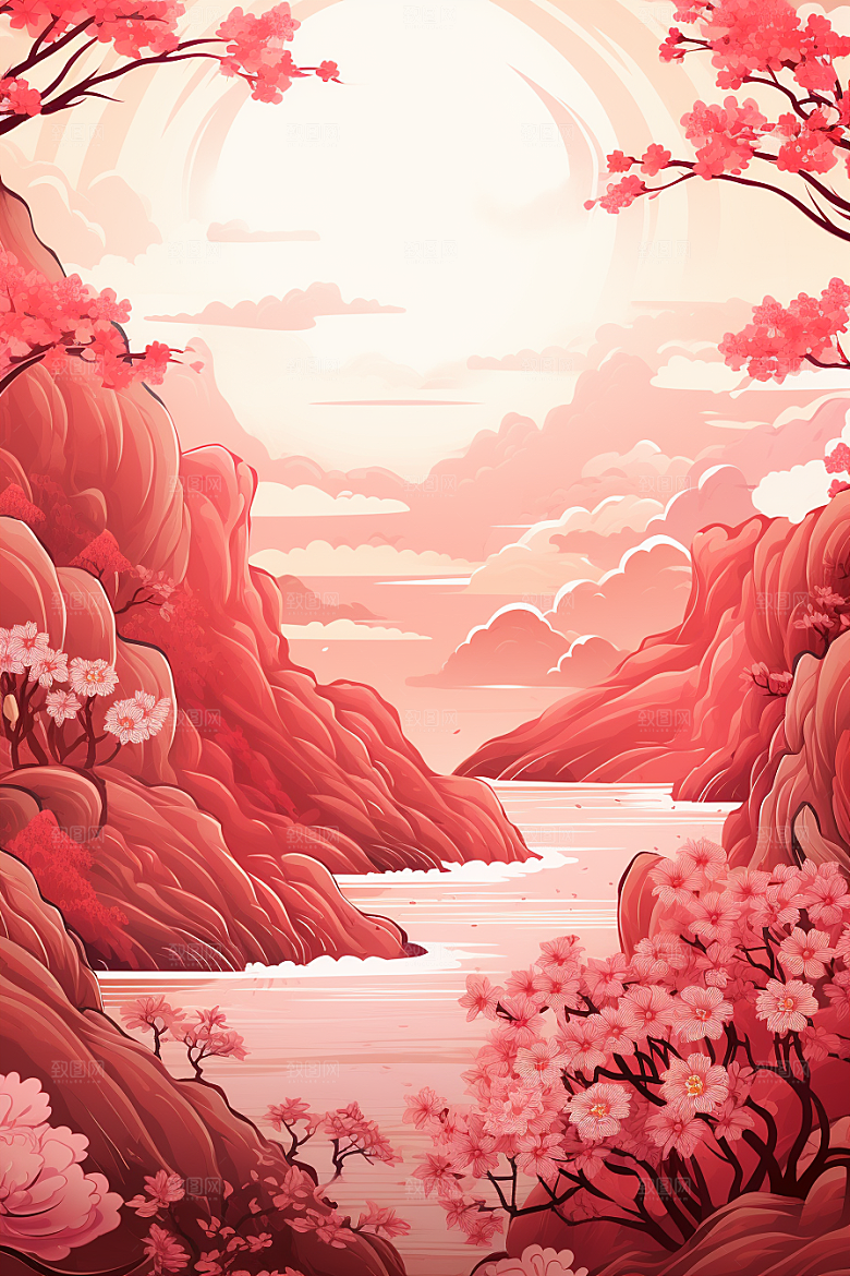 中国红山水手绘风光插画