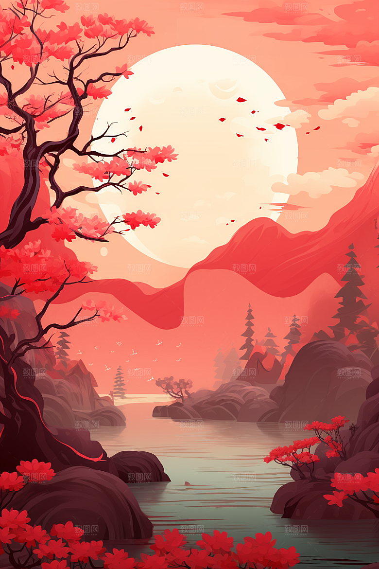 中国红山水国画风光插画