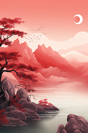中国红山水手绘风光插画