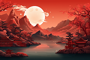 中国红山水红色艺术插画