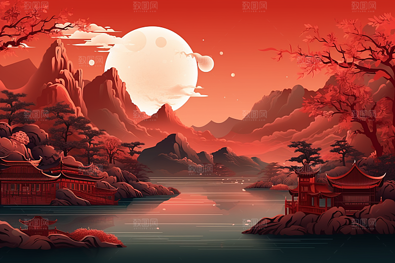 中国红山水红色艺术插画