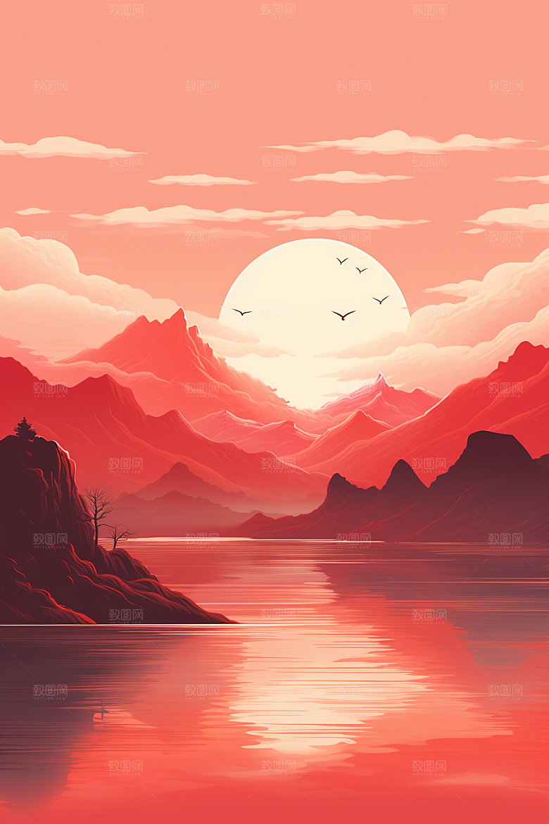 中国红山水红色风光插画