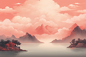 中国红山水艺术风光插画