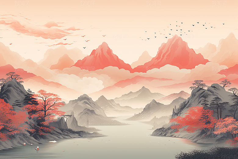 中国红山水新中式风光插画