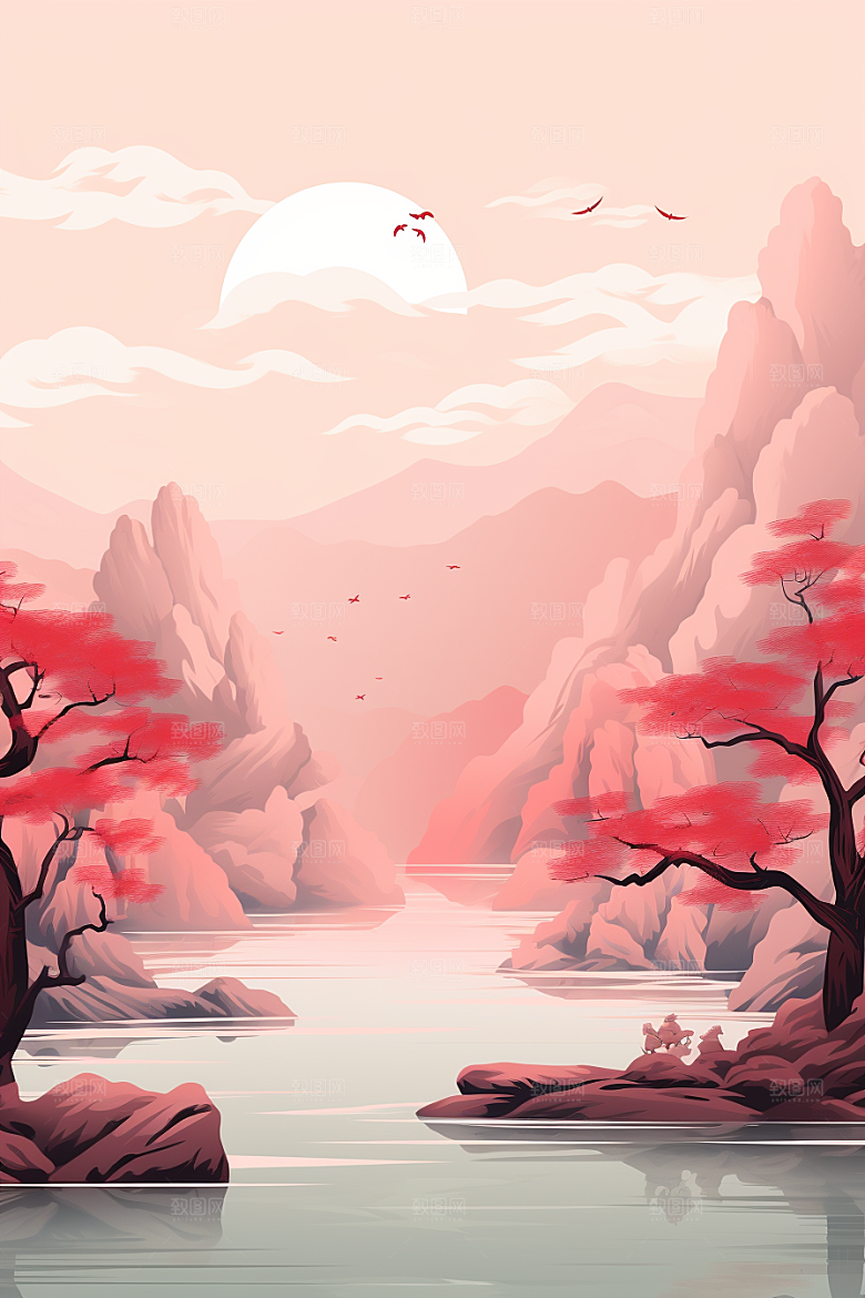 中国红山水水墨红色插画