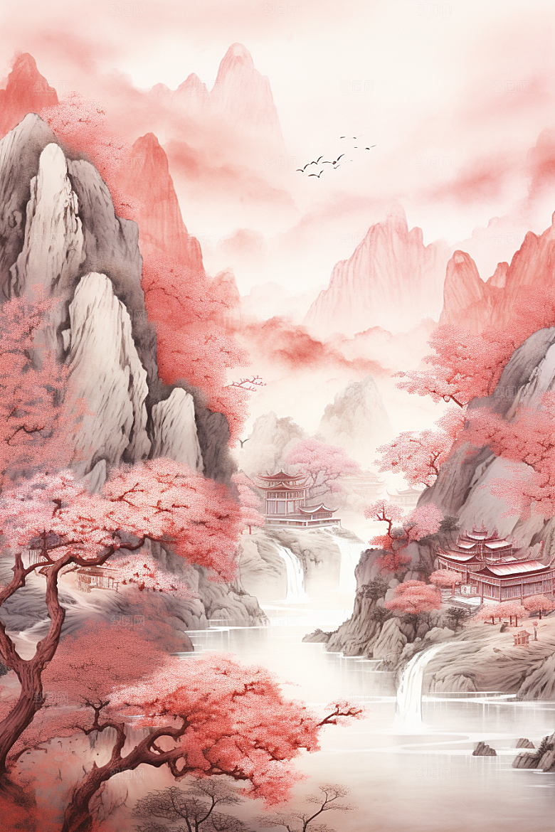 中国红山水水墨艺术插画