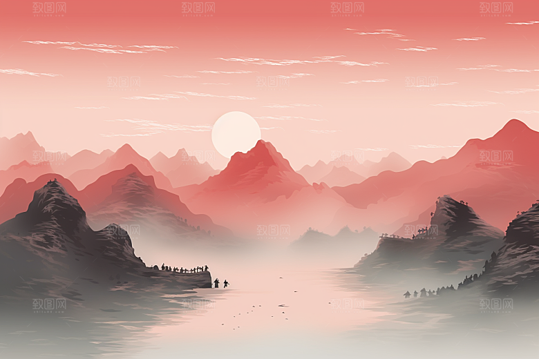中国红山水手绘艺术插画