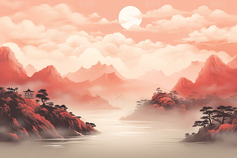 中国红山水手绘红色插画