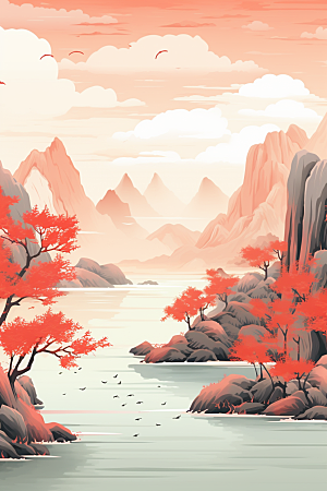 中国红山水手绘红色插画