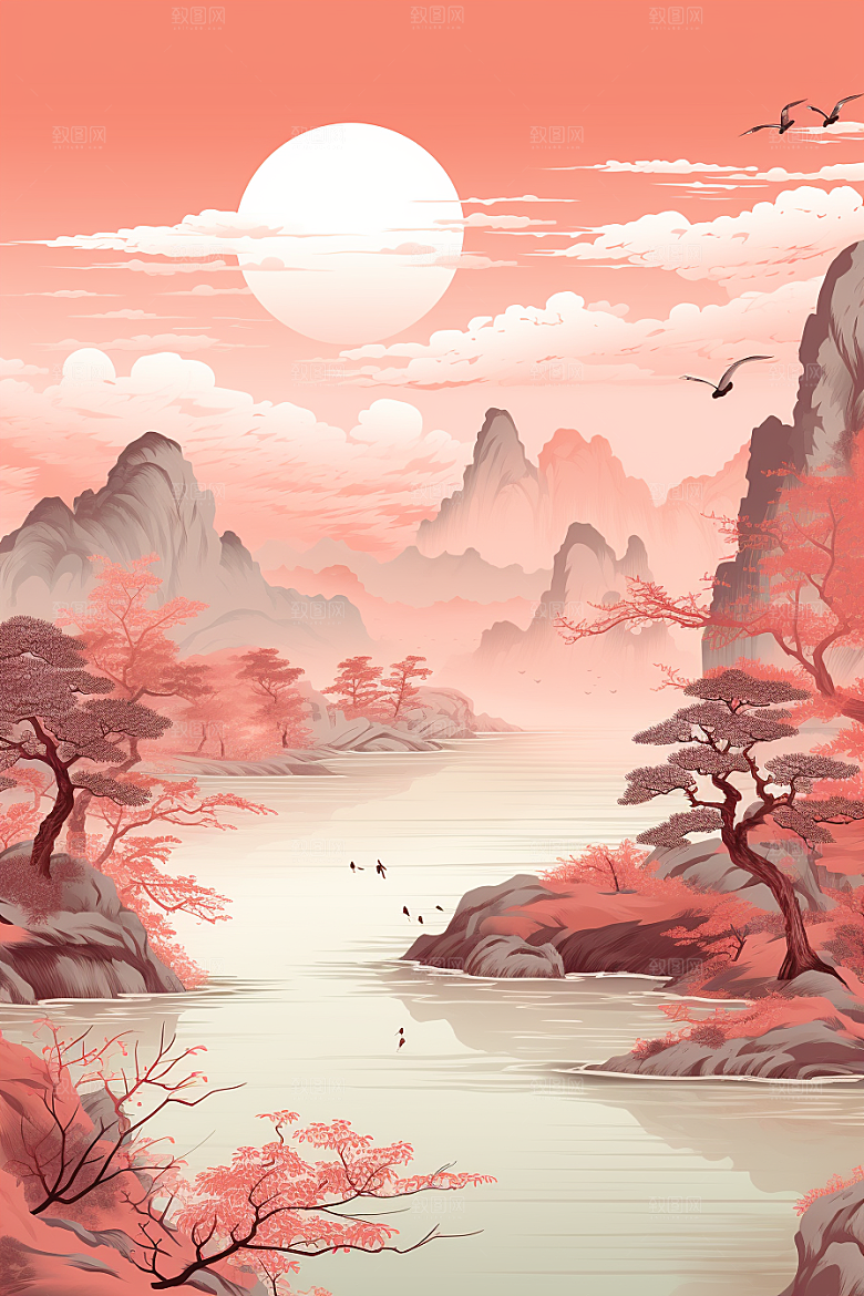 中国红山水艺术国画插画