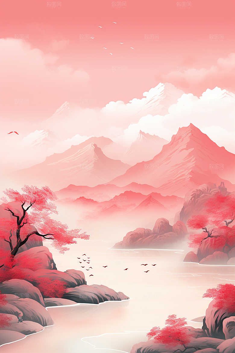 中国红山水艺术红色插画