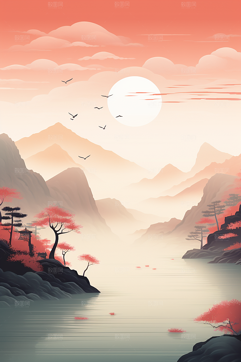 中国红山水国画水墨插画
