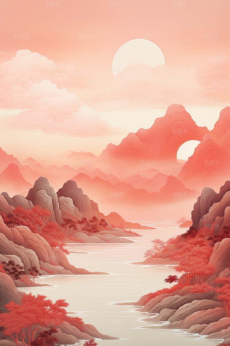 中国红山水新中式国画插画