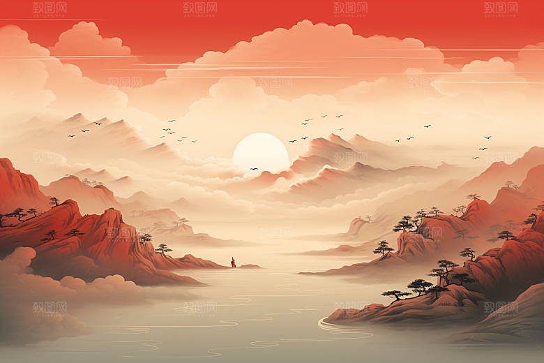 中国红山水红色手绘插画