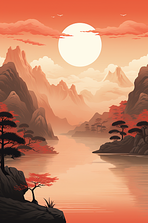 中国红山水国画红色插画