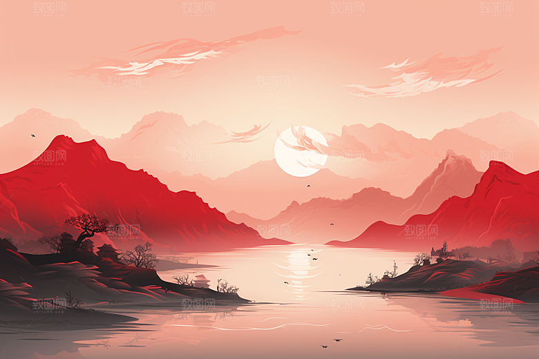 中国红山水新中式手绘插画