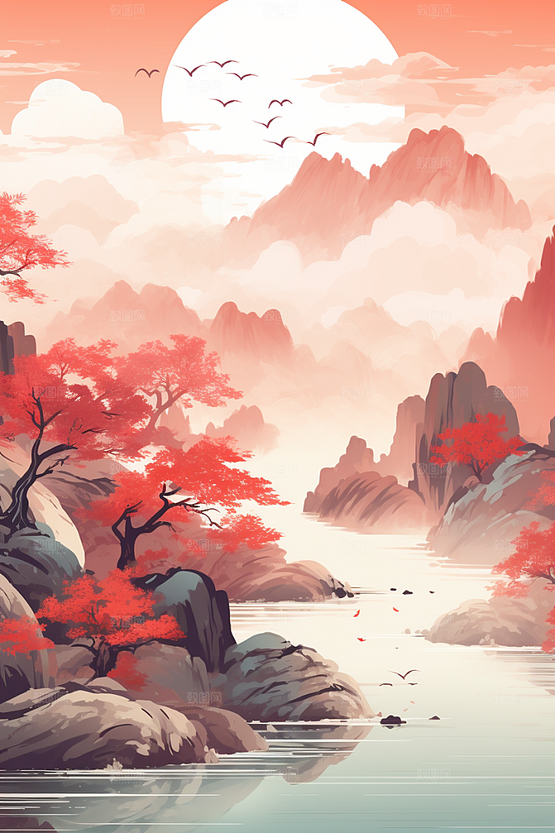 中国红山水手绘风光插画