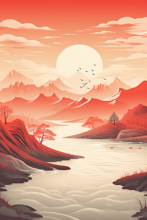 中国红山水国画红色插画