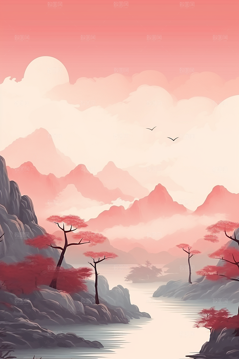 中国红山水艺术新中式插画