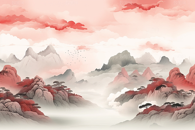 中国红山水新中式水墨插画