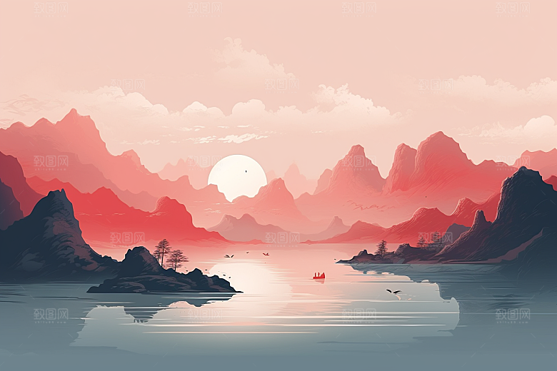 中国红山水风光手绘插画