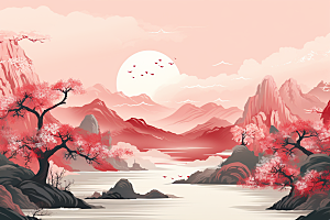 中国红山水艺术风光插画