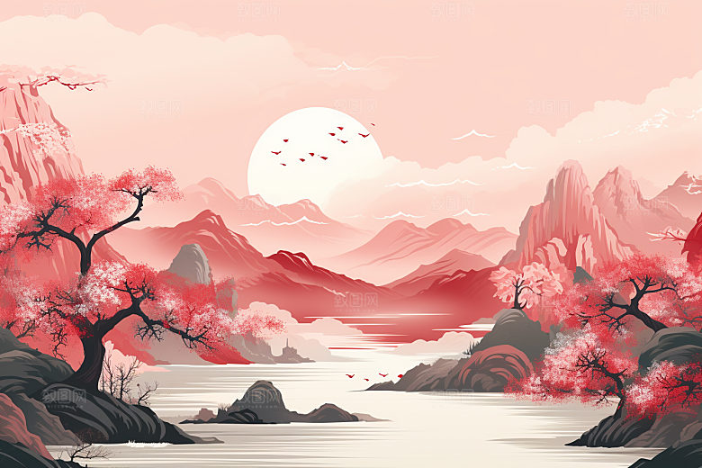 中国红山水艺术风光插画