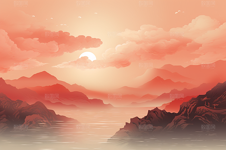 中国红山水红色艺术插画