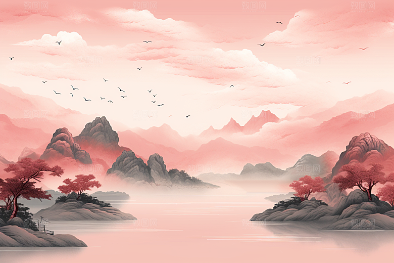 中国红山水红色手绘插画