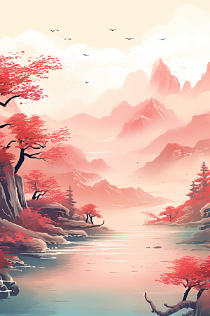 中国红山水水墨红色插画