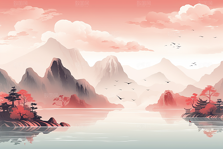 中国红山水红色新中式插画