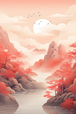 中国红山水新中式国画插画