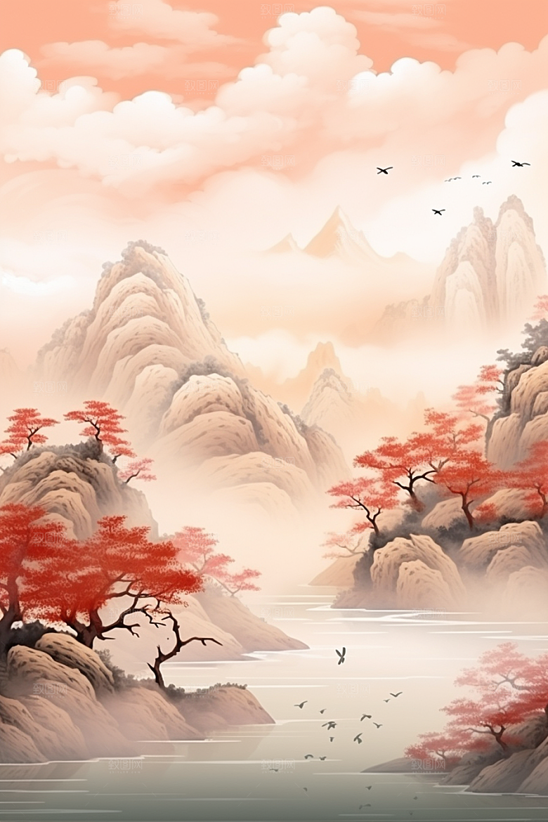 中国红山水风光手绘插画