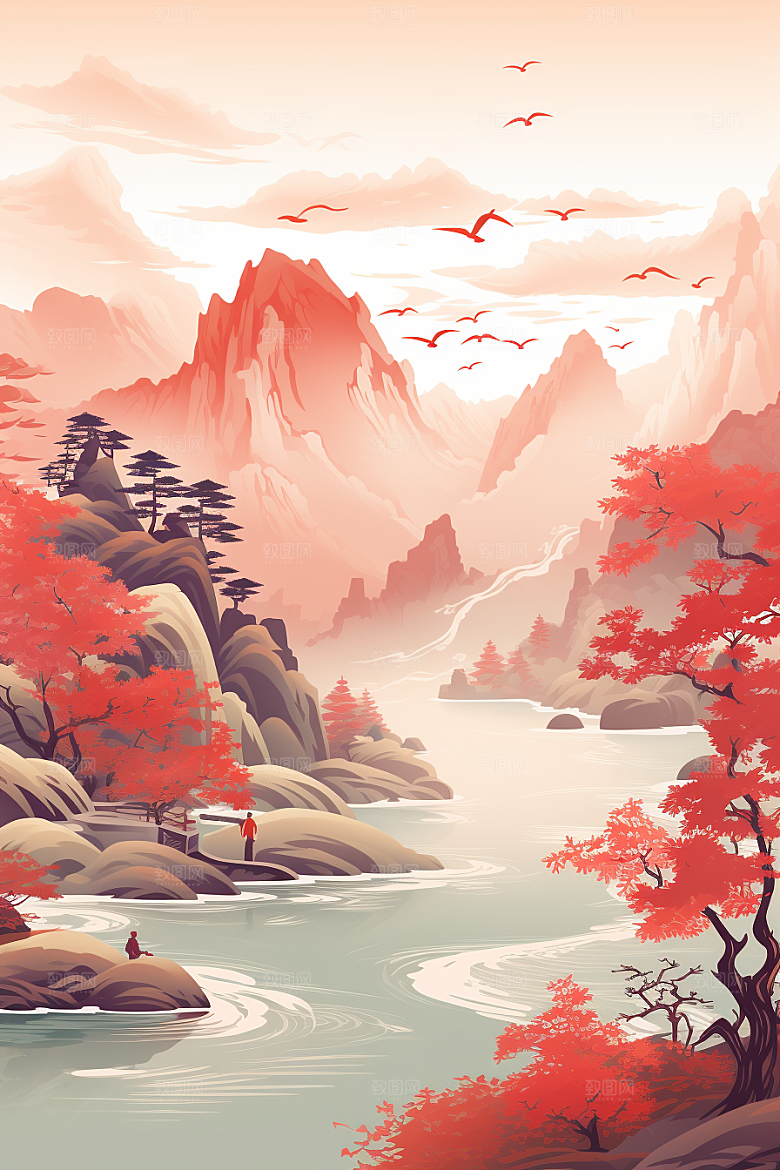 中国红山水手绘国画插画