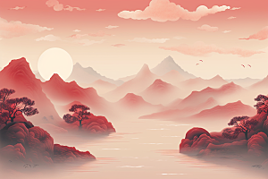 中国红山水艺术红色插画