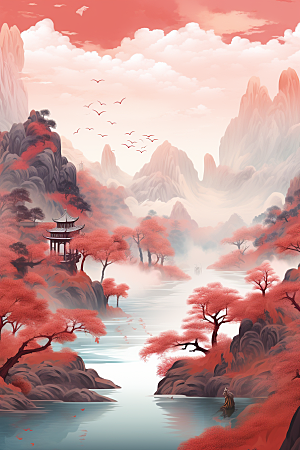 中国红山水风光手绘插画