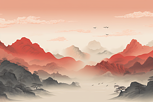 中国红山水新中式手绘插画
