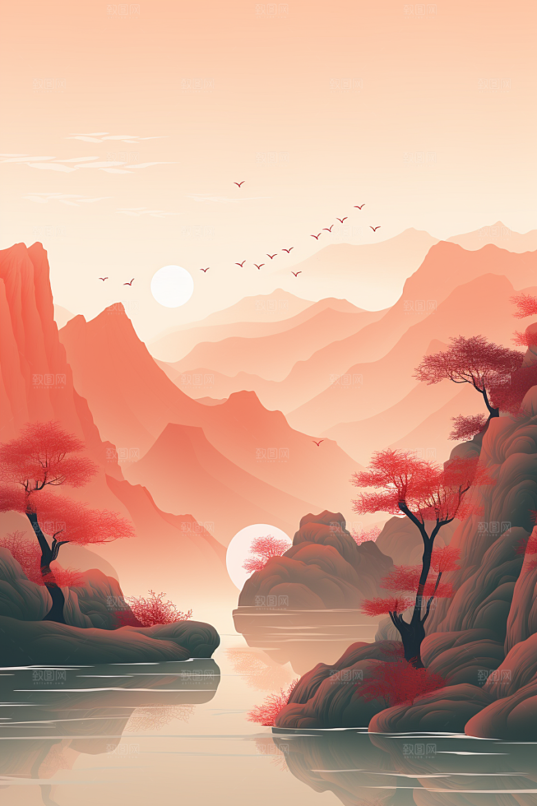中国红山水水墨艺术插画
