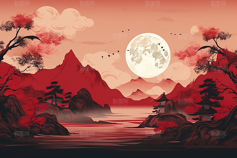 中国红山水红色手绘插画